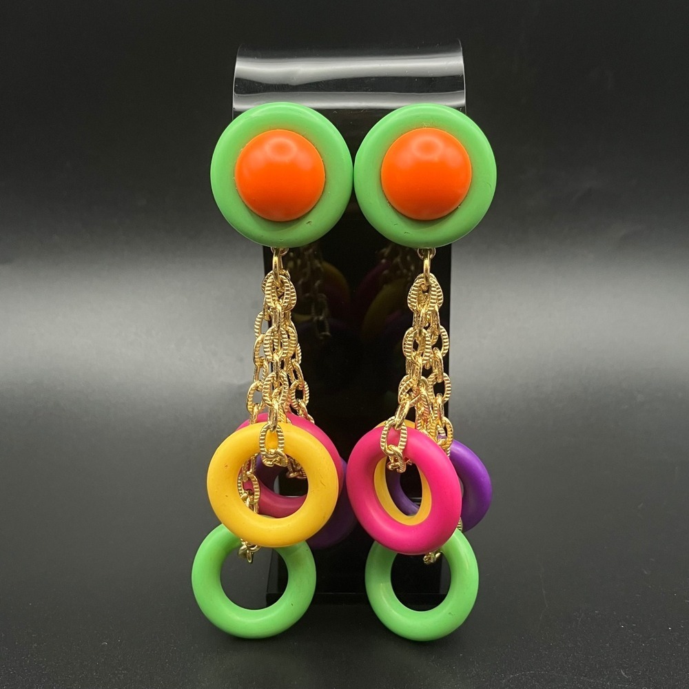 Vintage Retro Statement Earrings 1980s Colorful Neon Loops Shoulder Dusters
